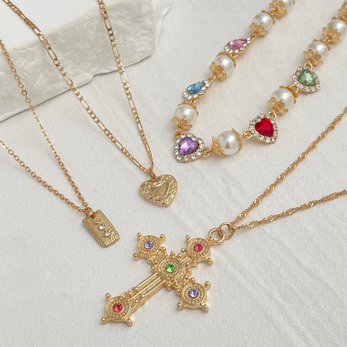 Multi-Colored Crystal and Cubic Zirconia Pearl Goldtone Heart Cross Pendant Necklace Set, gold pendant..., side view