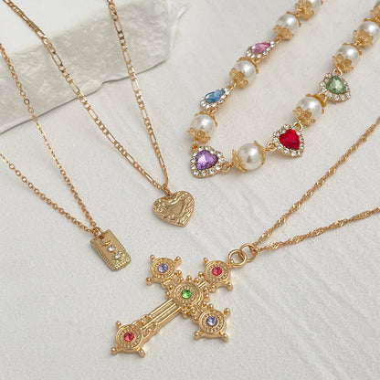 Multi-Colored Crystal and Cubic Zirconia Pearl Goldtone Heart Cross Pendant Necklace Set, gold pendant..., side view