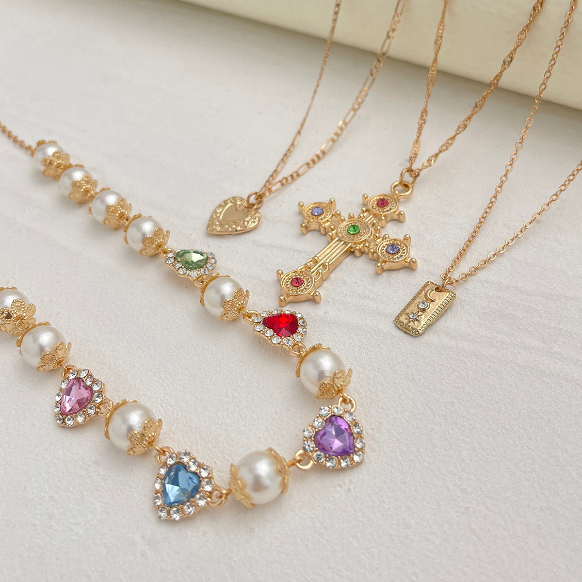 Multi-Colored Crystal and Cubic Zirconia Pearl Goldtone Heart Cross Pendant Necklace Set, gold pendant..., detail close-up