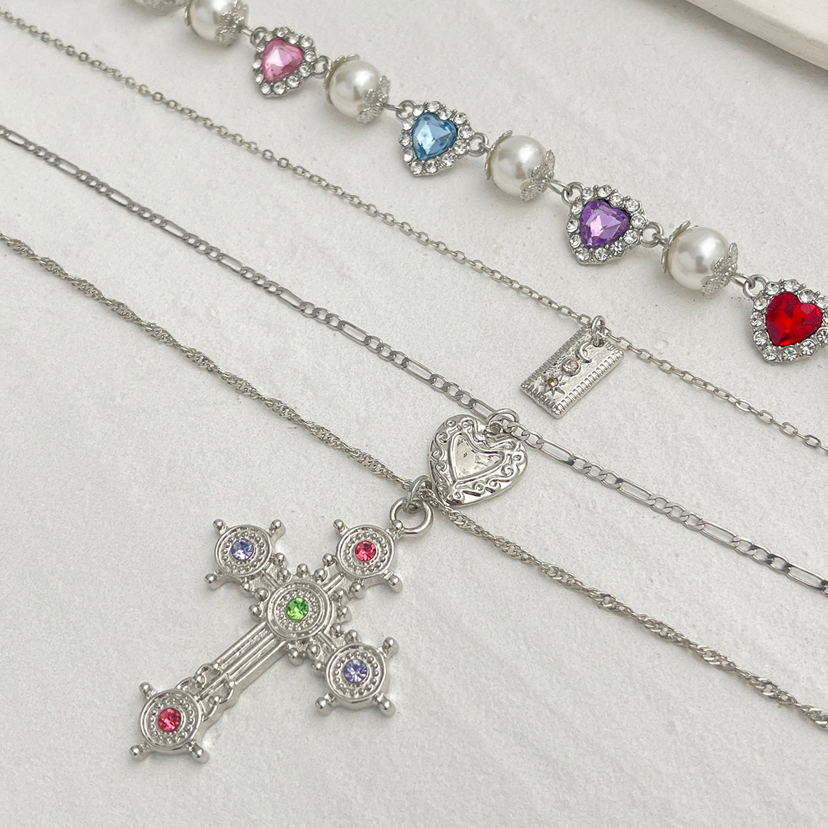 Multi-Colored Crystal and Cubic Zirconia Pearl Silvertone Heart Cross Pendant Necklace Set, silver..., detail close-up