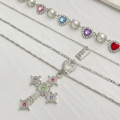 Multi-Colored Crystal and Cubic Zirconia Pearl Silvertone Heart Cross Pendant Necklace Set, silver..., detail close-up