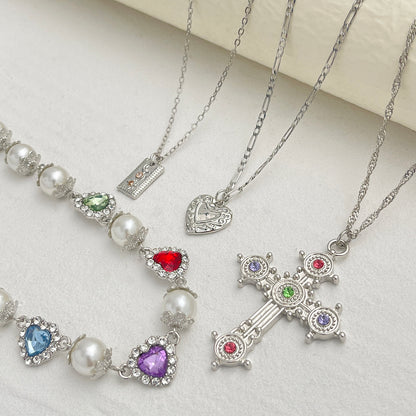 Multi-Colored Crystal and Cubic Zirconia Pearl Silvertone Heart Cross Pendant Necklace Set, silver pendant..., side view