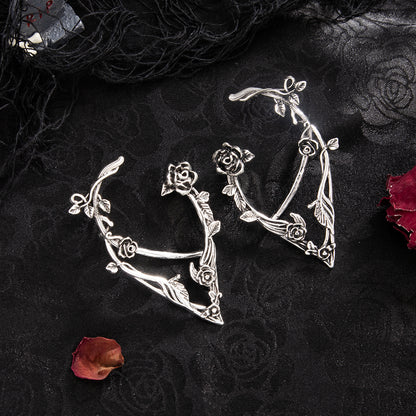 Black Enamel and Silvertone Rose Ear Cuffs, botanical inspired, side view