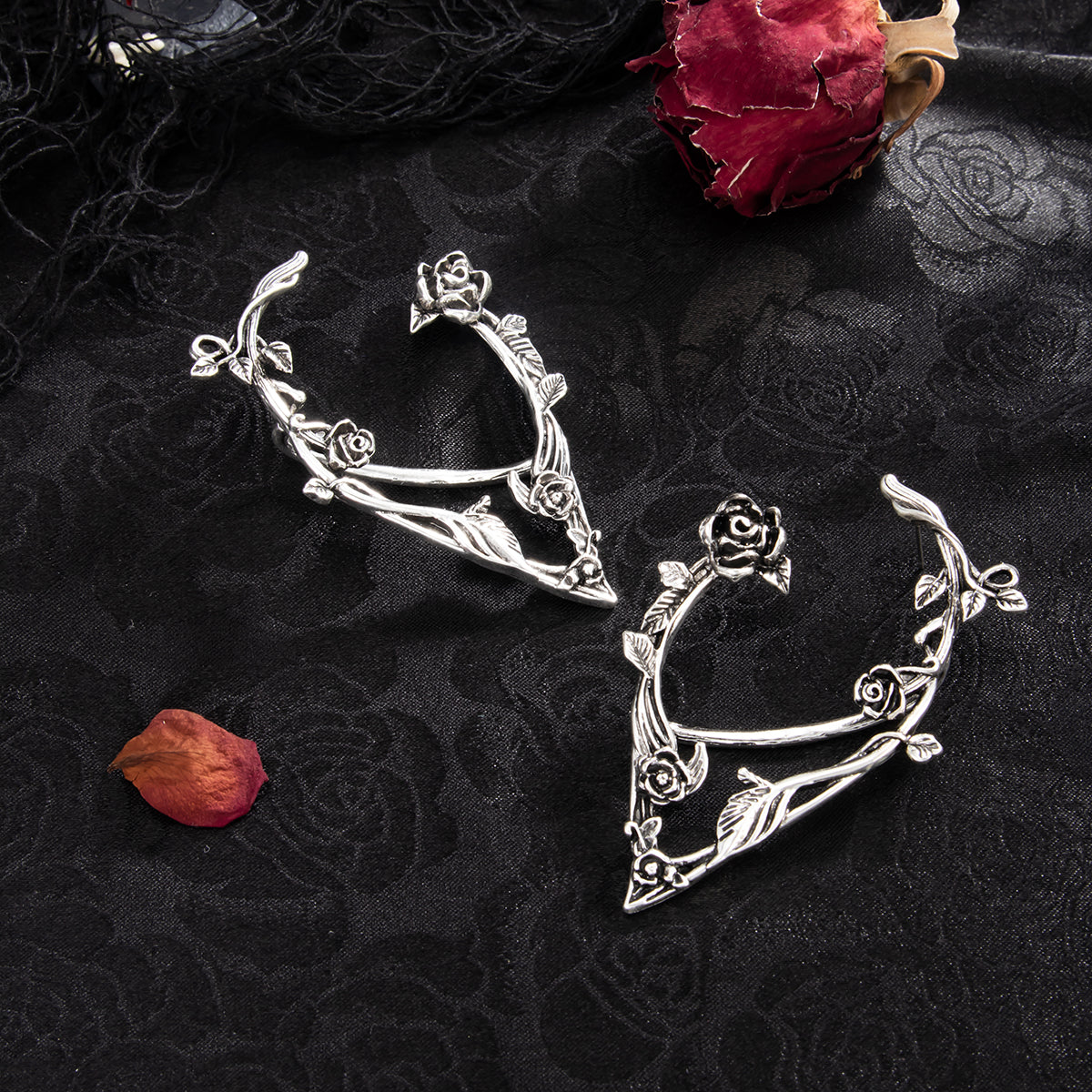 Black Enamel and Silvertone Rose Ear Cuffs, botanical inspired, detail close-up