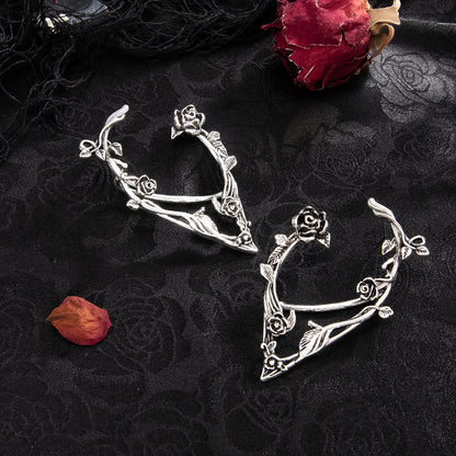 Black Enamel and Silvertone Rose Ear Cuffs, botanical inspired, detail close-up