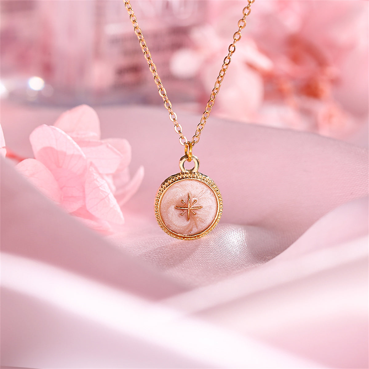 Enamel and 18K Gold-Plated Star Round Pendant Necklace, gold pendant necklace for women, everyday style, detail close-up
