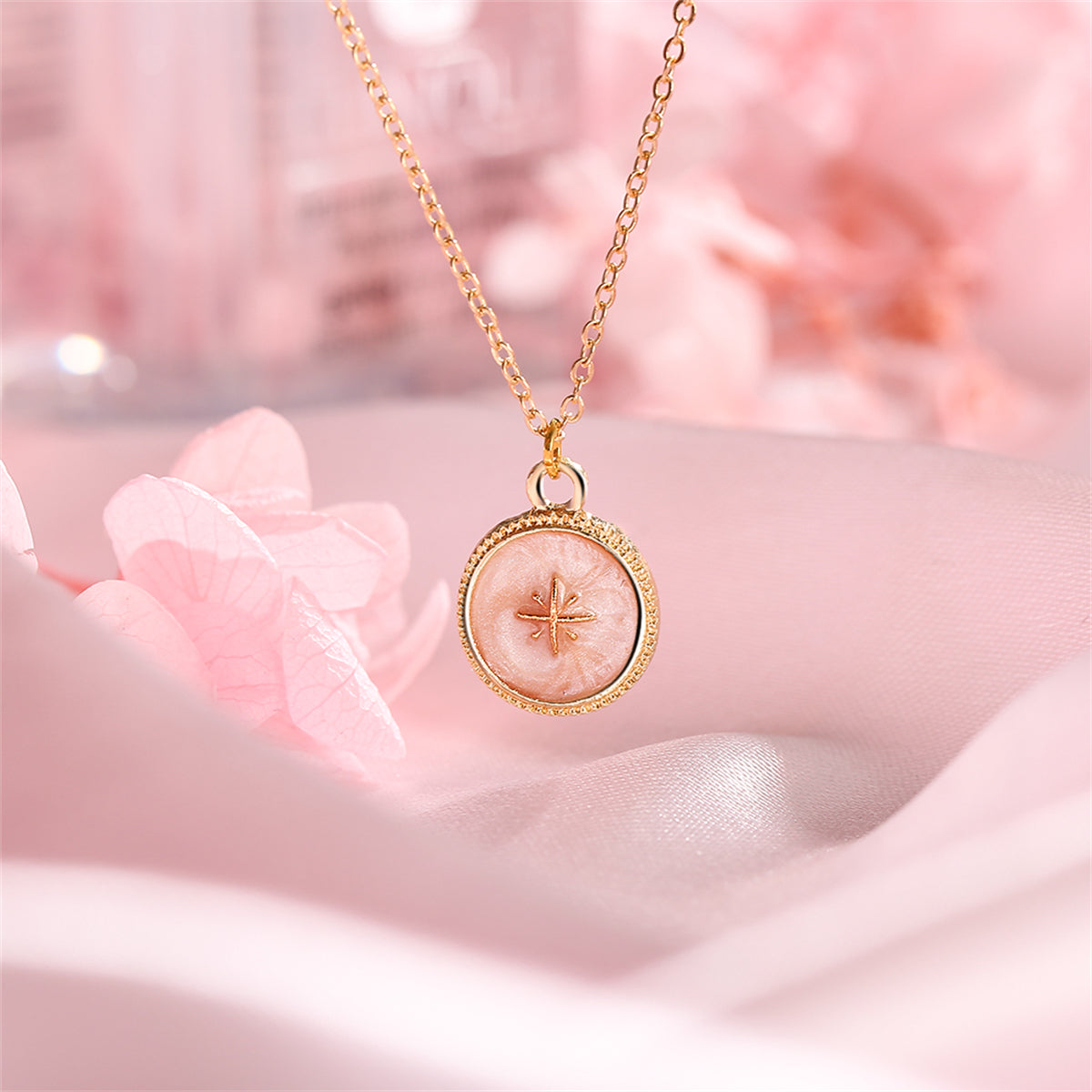 Enamel and 18K Gold-Plated Star Round Pendant Necklace, gold pendant necklace for women, everyday style, lifestyle look