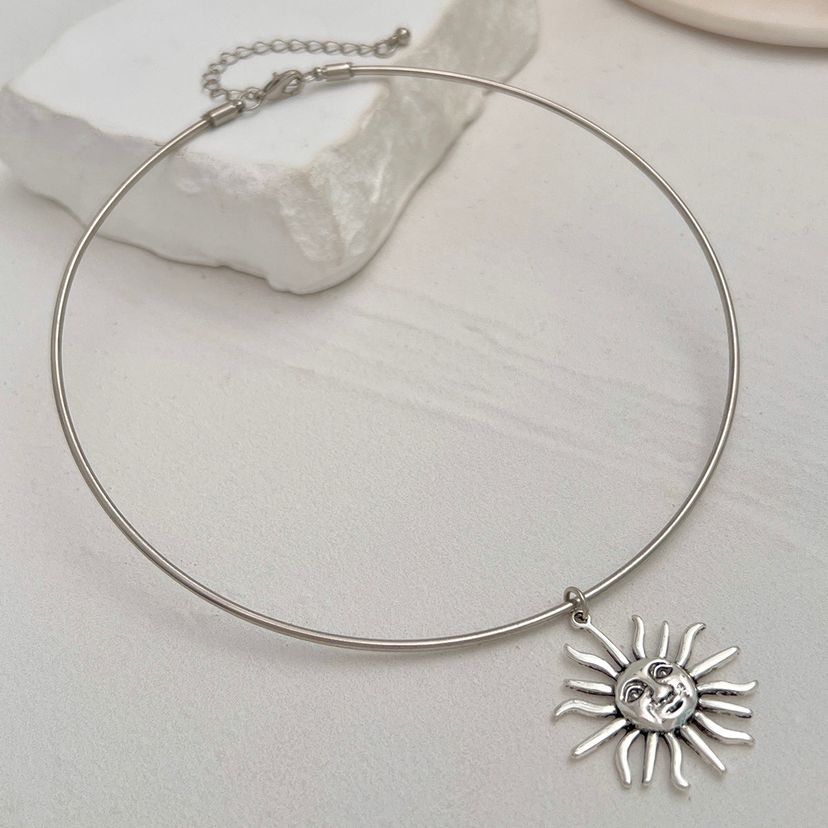 Silvertone Sun Pendant Choker, everyday style, side view