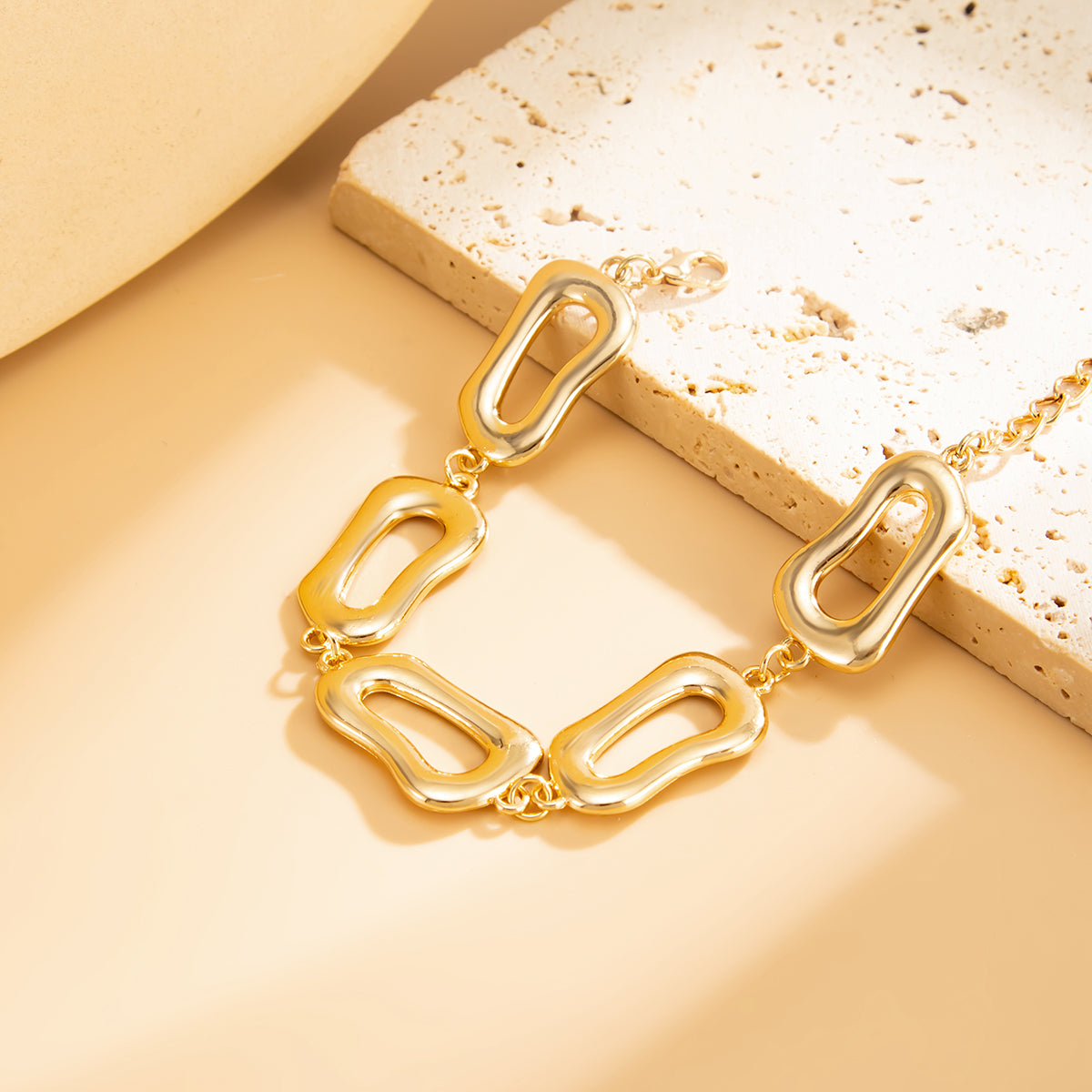 Goldtone Open Irregular Charm Link Bracelet, gold bracelet for women, elegant gift for her, detail close-up