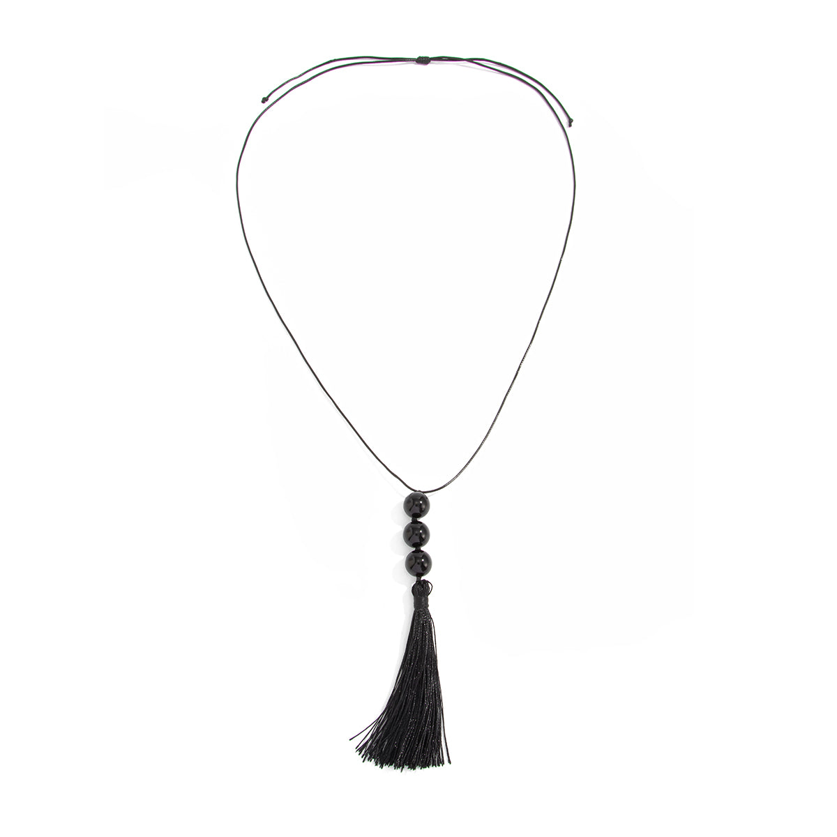 Black Resin and Polyster Tassel Necklace, botanical inspired, front view