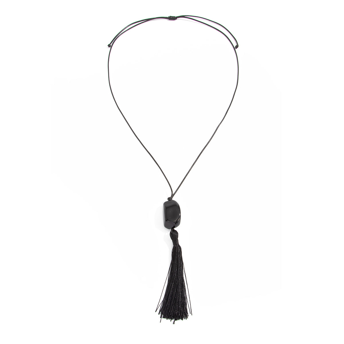 Black Irregular Resin and Polyster Tassel Necklace, elegant gift for her, front view