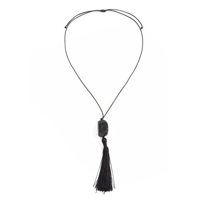 Black Irregular Resin and Polyster Tassel Necklace, elegant gift for her, front view
