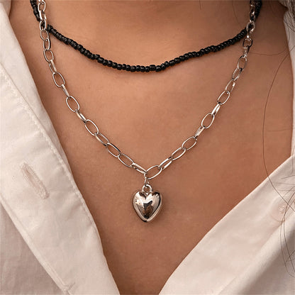 Black Howlite and Silver-Plated Heart Pendant Necklace Set, silver pendant necklace for women, front view
