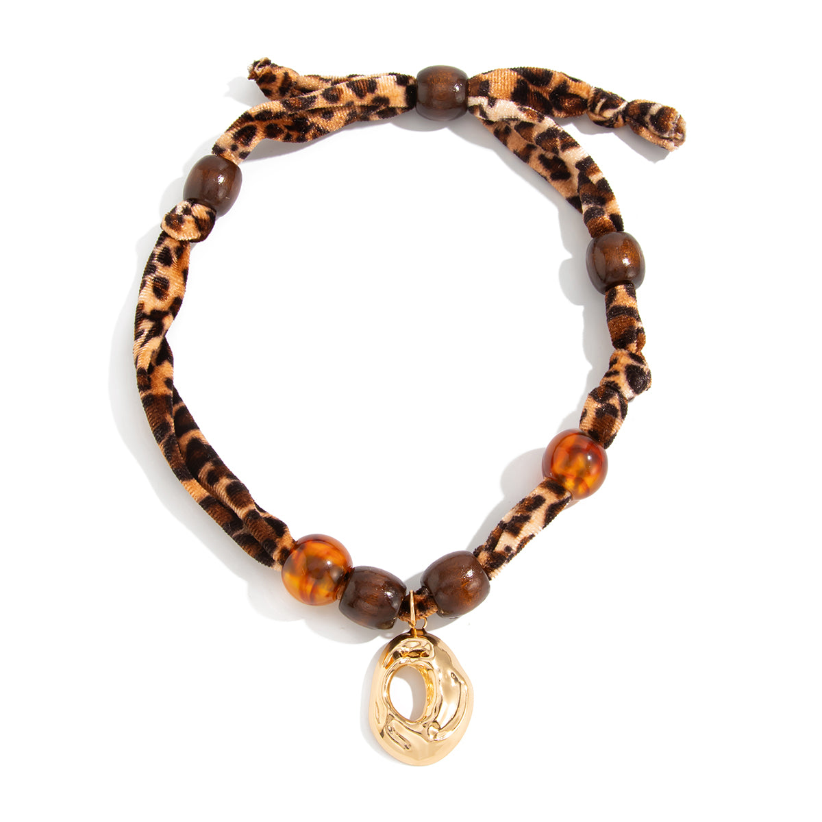 Polyster and Resin Wood Goldtone Pendant Leopard Print Necklace, vintage-inspired design, front view