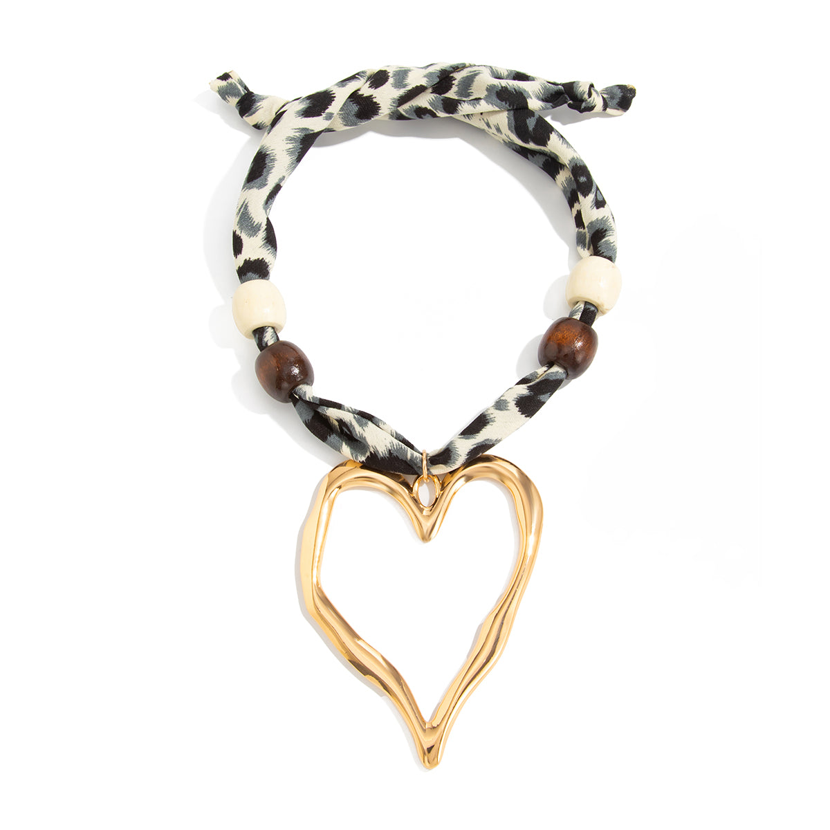 Polyster and White Wood Goldtone Open Heart Pendant Necklace, botanical inspired, front view
