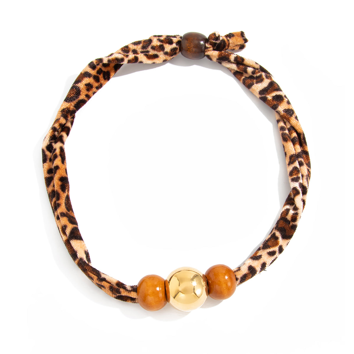 Polyster and Wood Goldtone Ball Collar Necklace, vintage-inspired design, front view