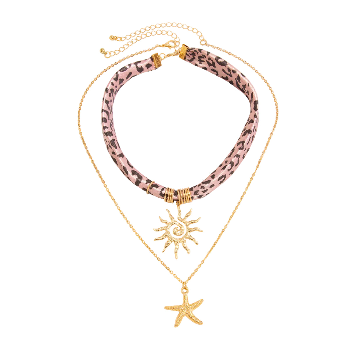 Polyster & Goldtone Cow Print Sun Starfish Pendant Necklace Set