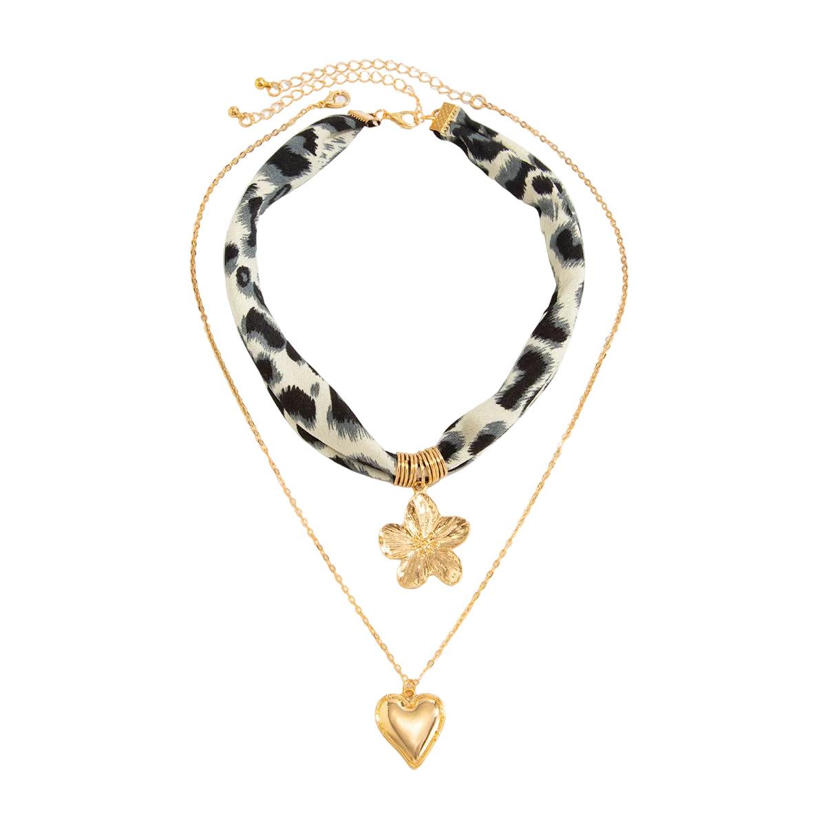 Polyster & Goldtone Botany Print Flower Heart Pendant Necklace Set