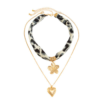 Polyster & Goldtone Botany Print Flower Heart Pendant Necklace Set