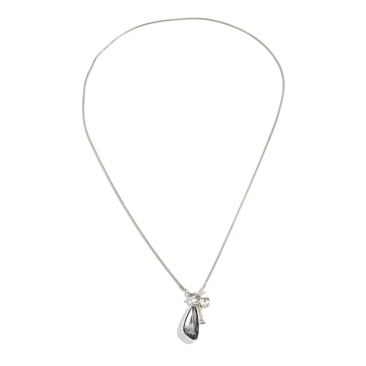 Gray Crystal and Silvetone Triangle Pendant Toggle Necklace, dainty minimalist design, front view