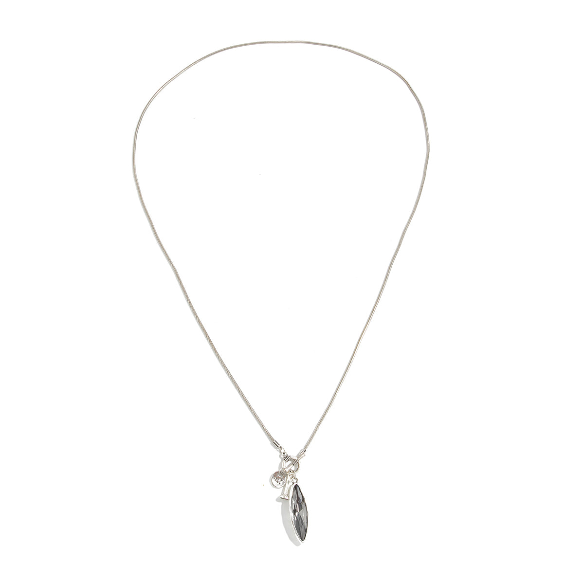 Marquise Crystal and Silvetone Pendant Toggle Necklace, botanical inspired, front view