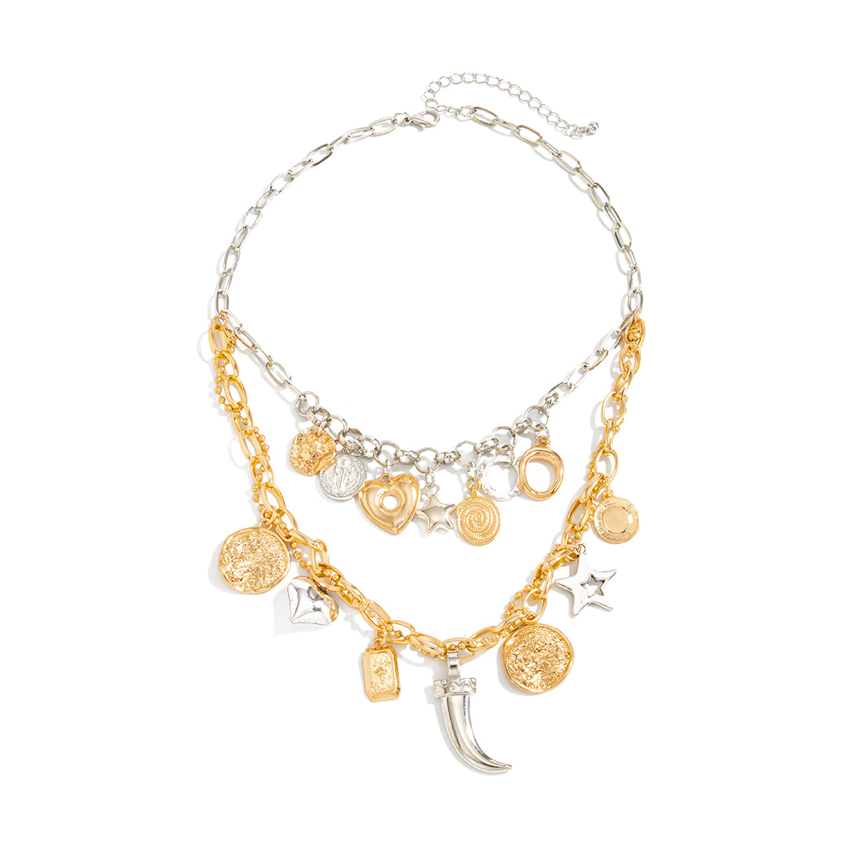 Two Tone Heart Celestial Pendant Layered Necklace, everyday style, front view