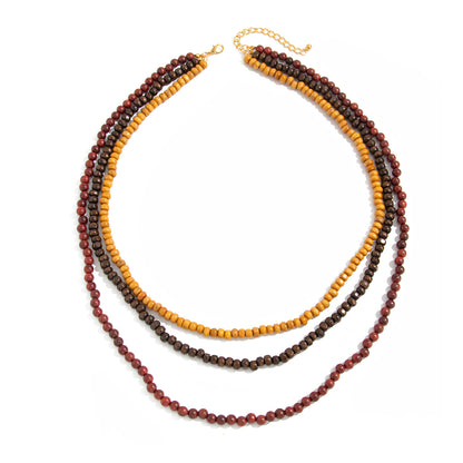 Multi-Colored Wood and Goldtone Beaded Chain Layered Necklace, everyday style, front view