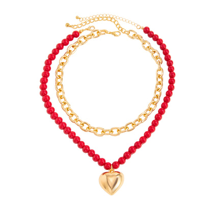 Red Resin & Goldtone Beads Chain Heart Pendant Necklace Set