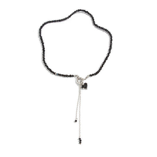 Black Crystal and Acrylic Silvertone Heart Pendant Tassel Toggle Necklace, everyday style, front view