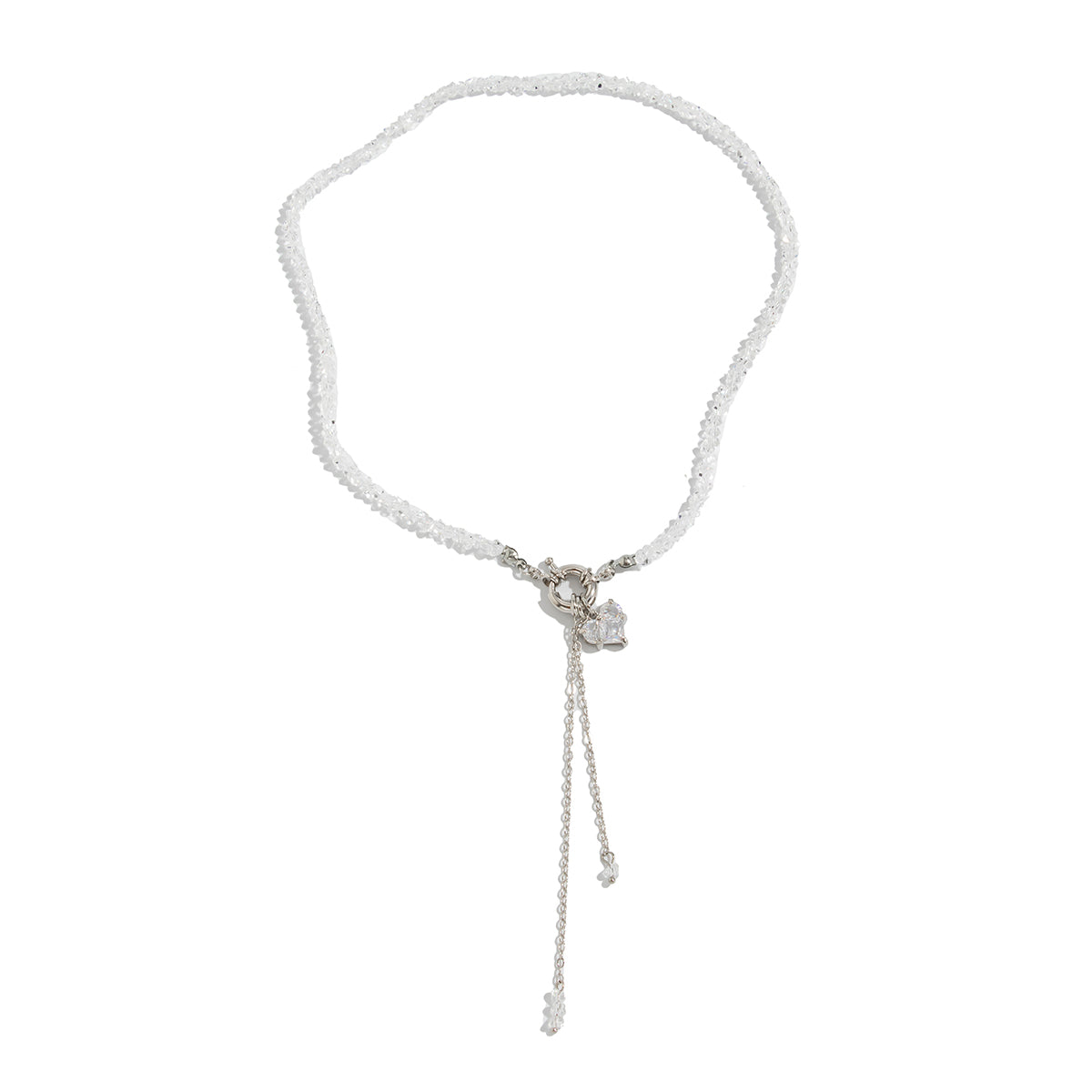 Clear Crystal and Acrylic Silvertone Heart Pendant Tassel Toggle Necklace, vintage-inspired design, front view