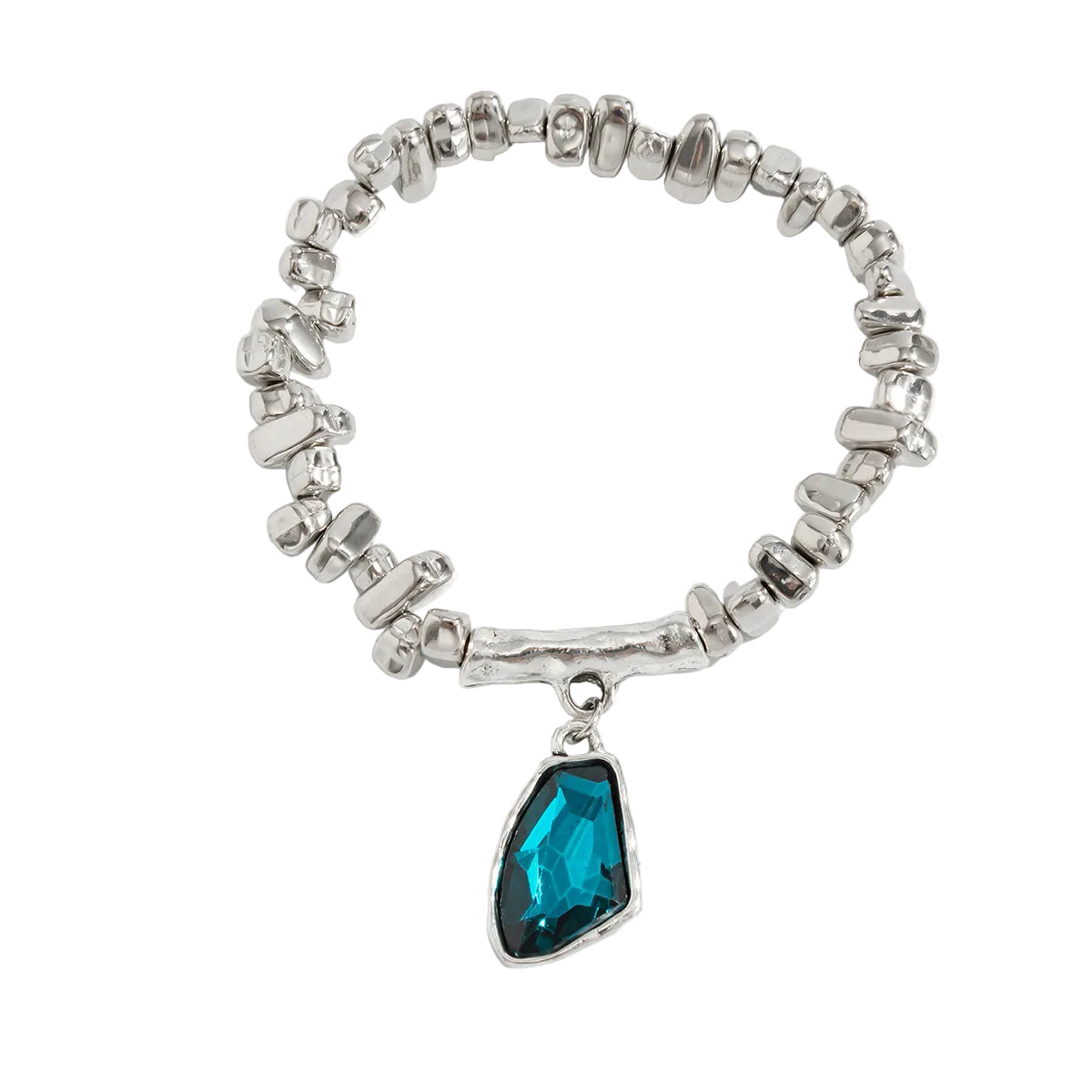 Teal Crystal and Silvertone Beads Irregular Charm Stretch Bracelet, botanical inspired, front view