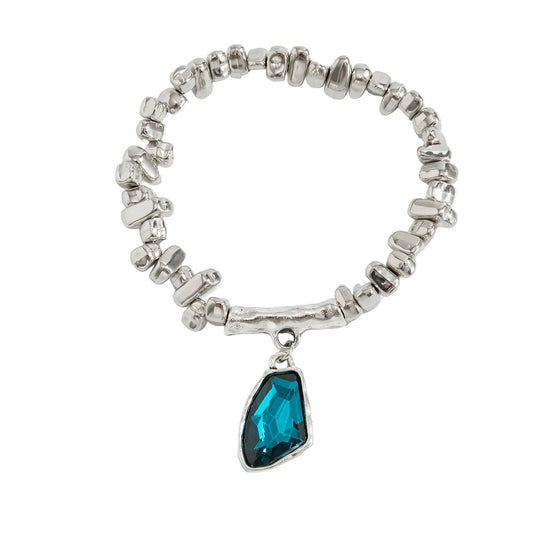 Teal Crystal and Silvertone Beads Irregular Charm Stretch Bracelet, botanical inspired, front view