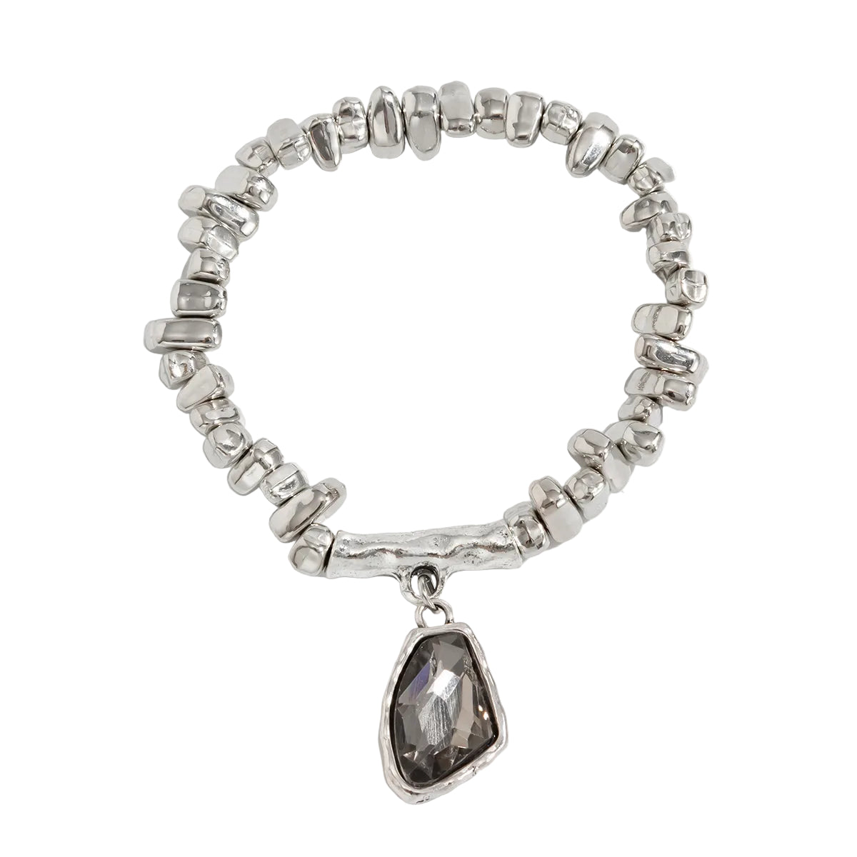 Gray Crystal and Silvertone Beads Irregular Charm Stretch Bracelet, everyday style, front view