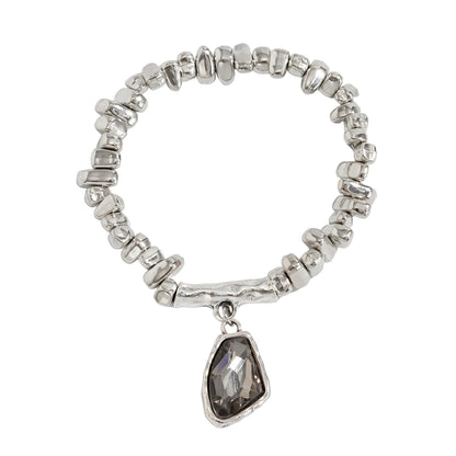 Gray Crystal and Silvertone Beads Irregular Charm Stretch Bracelet, everyday style, front view