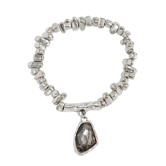 Gray Crystal and Silvertone Beads Irregular Charm Stretch Bracelet, everyday style, front view