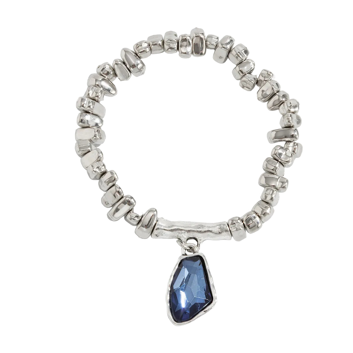 Blue Crystal and Silvertone Beads Irregular Charm Stretch Bracelet, botanical inspired, front view