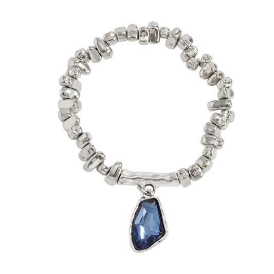 Blue Crystal and Silvertone Beads Irregular Charm Stretch Bracelet, botanical inspired, front view