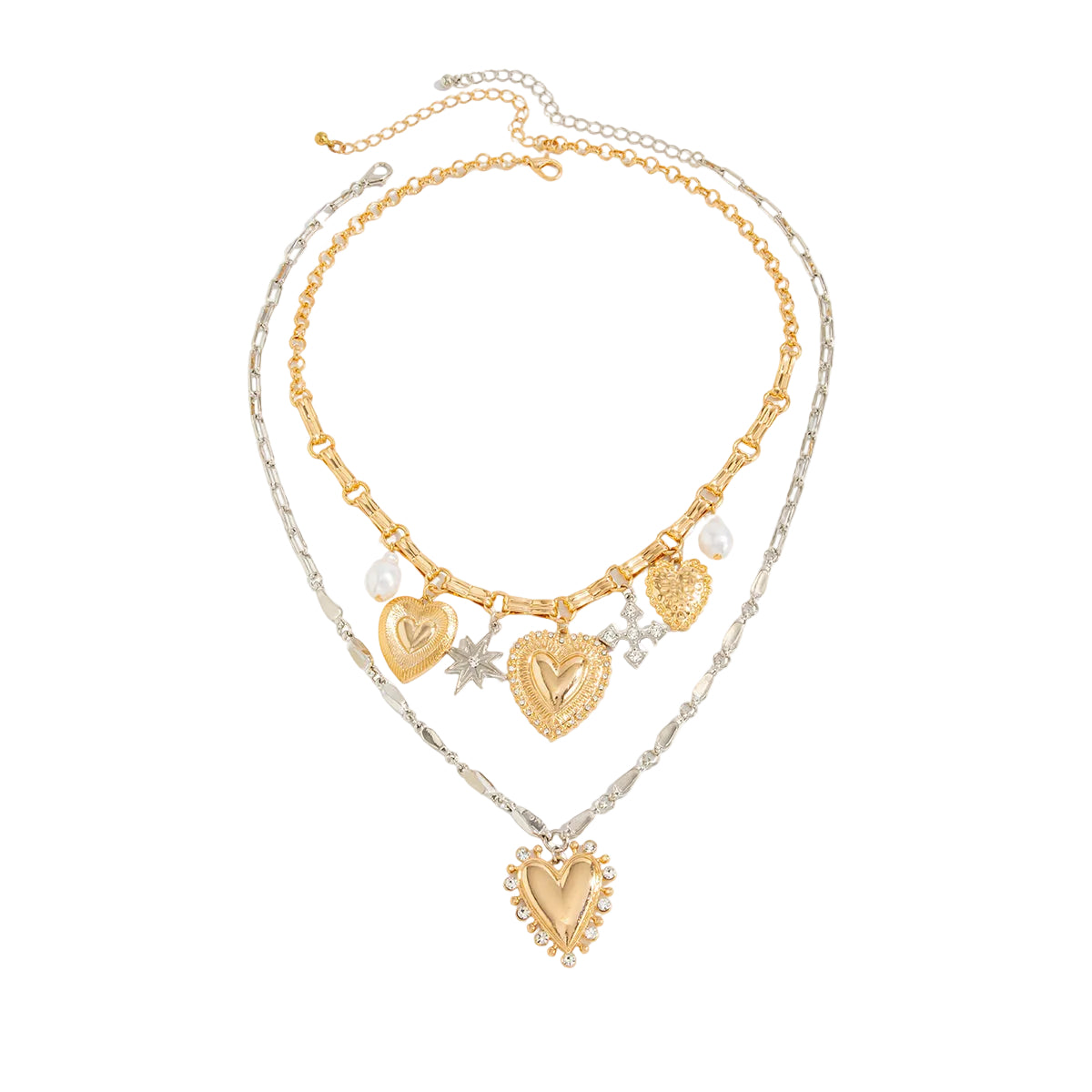 Pearl & Cubic Zirconia Two Tone Star Heart Charm Necklace Set
