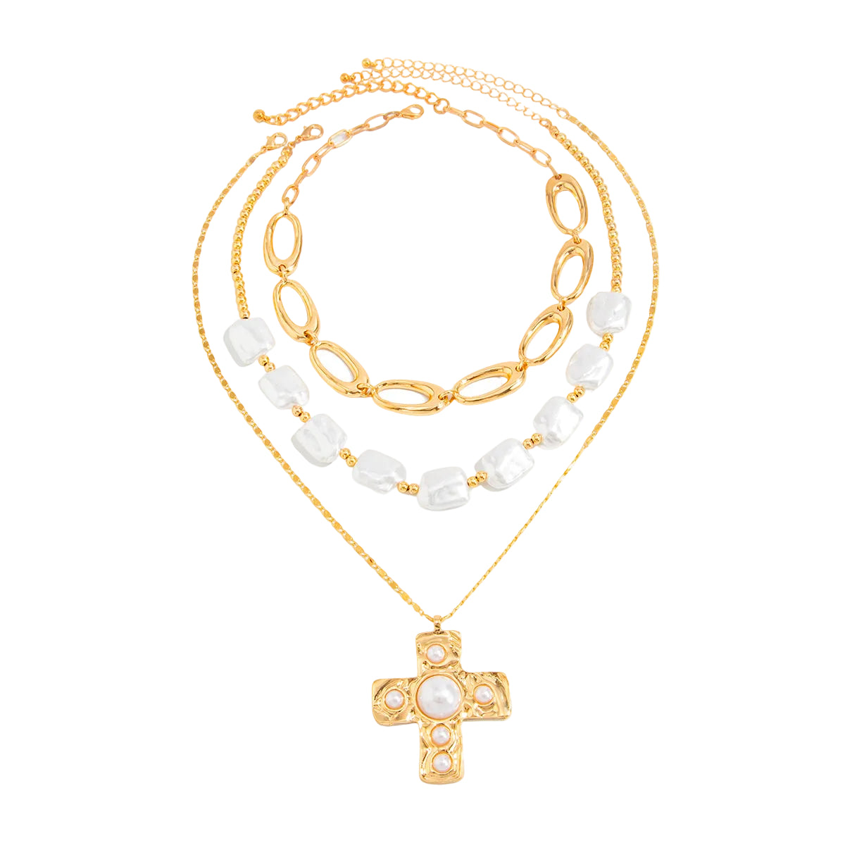 Baroque Pearl and Goldtone Oval Chain Cross Pendant Necklace Set, gold pendant necklace for women, front view