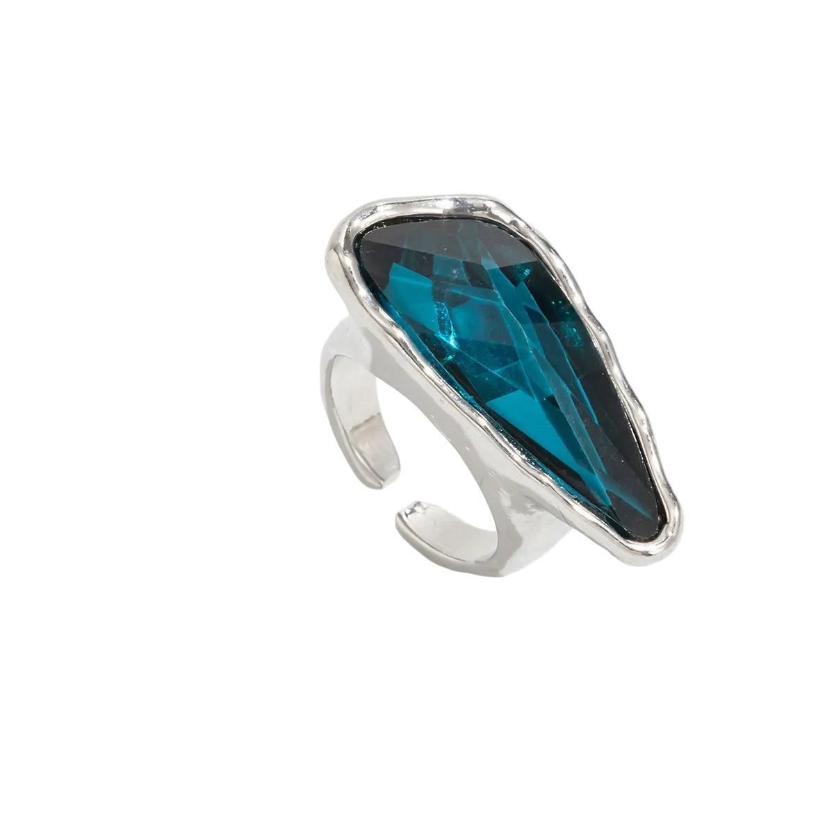 Teal Crystal and Silvertone Triangle Open Ring, everyday style, front view