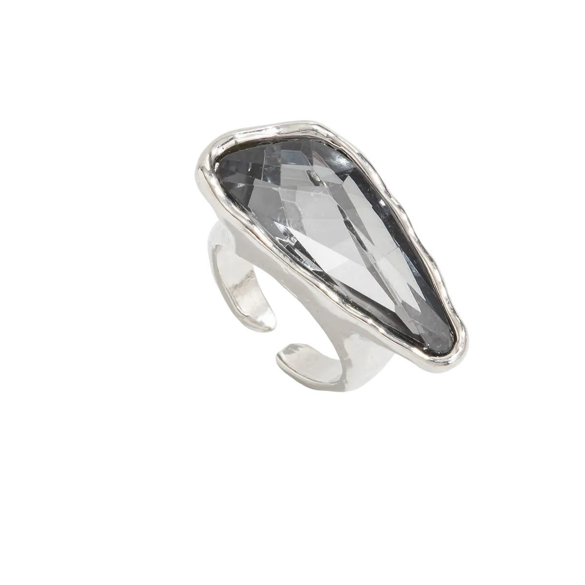 Gray Crystal and Silvertone Triangle Open Ring, everyday style, front view
