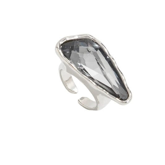 Gray Crystal and Silvertone Triangle Open Ring, everyday style, front view