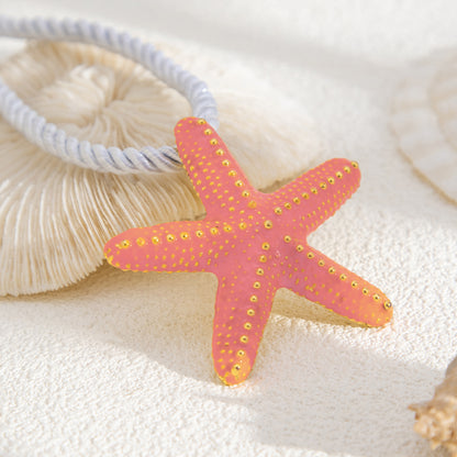 Thick Polyster Cord and Pink Enamel Goldtone Starfish Statement Necklace, elegant gift for her, side view