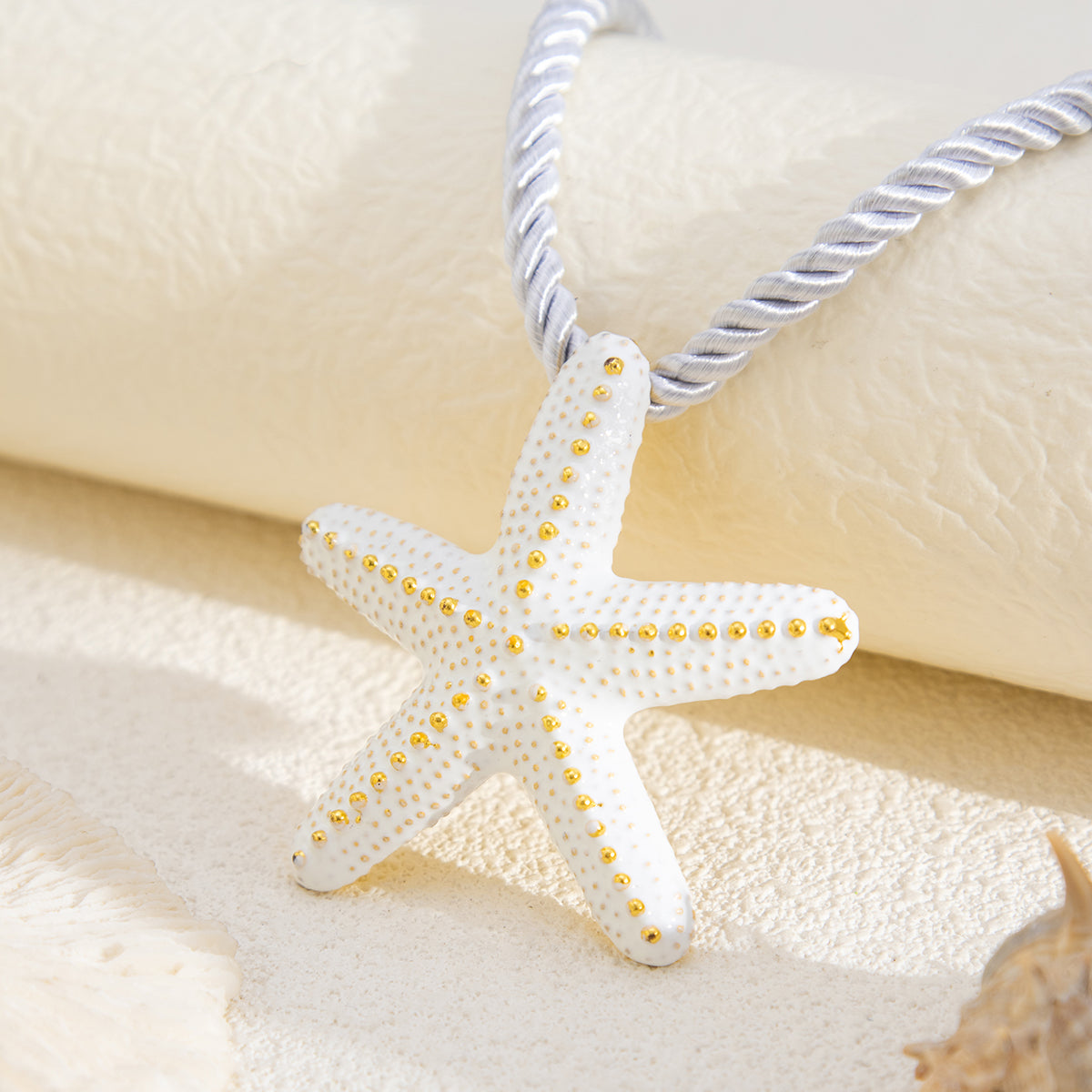 Thick Polyster Cord and White Enamel Goldtone Starfish Statement Necklace, vintage-inspired design, side view