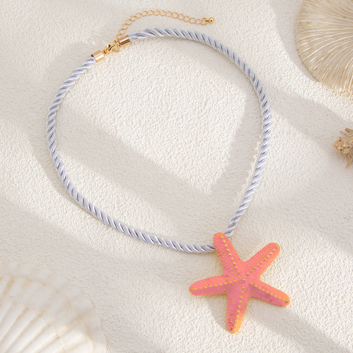 Thick Polyster Cord and Pink Enamel Goldtone Starfish Statement Necklace, elegant gift for her, detail close-up