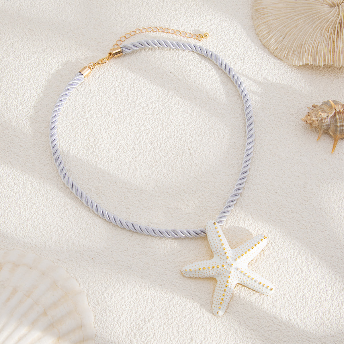 Thick Polyster Cord and White Enamel Goldtone Starfish Statement Necklace, vintage-inspired design, detail close-up