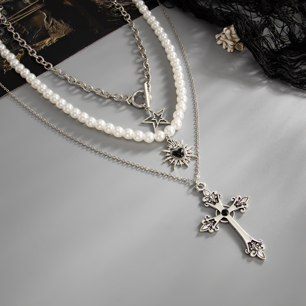 Black Cubic Zirconia and Enamel Pearl Silvertone Star Heart Cross Pendant Necklace Set, silver pendant..., side view