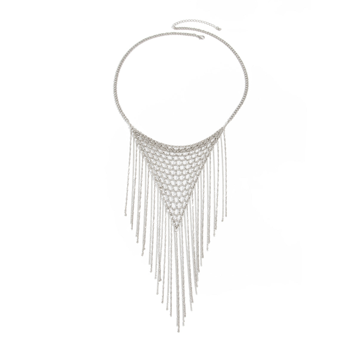 Silvertone Netted Rhombus Tassel Necklace, elegant gift for her, front view