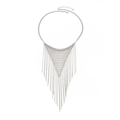 Silvertone Netted Rhombus Tassel Necklace, elegant gift for her, front view
