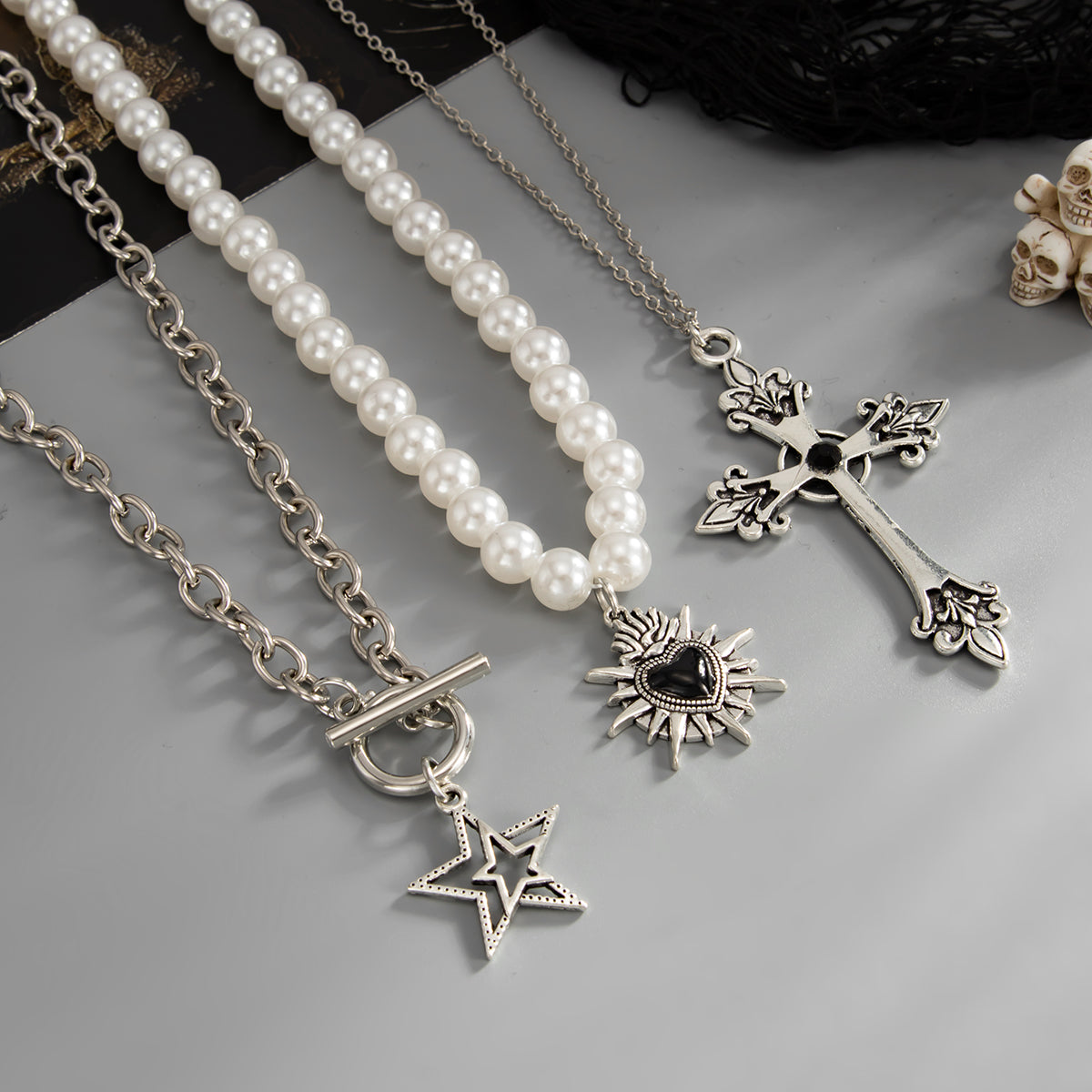 Black Cubic Zirconia and Enamel Pearl Silvertone Star Heart Cross Pendant Necklace Set, silver pendant..., detail close-up
